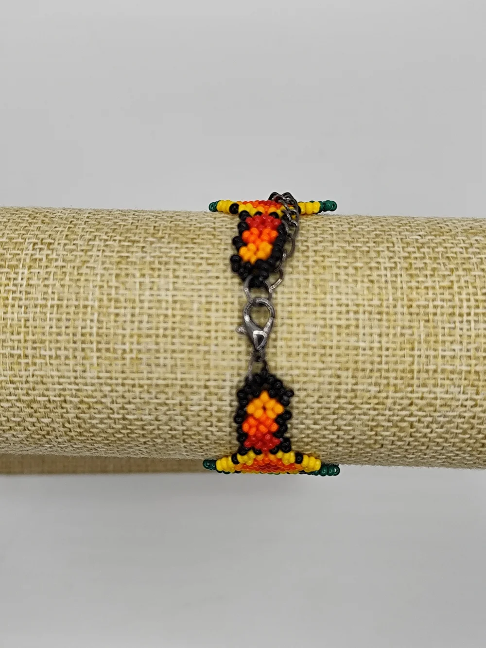 Vibrant Floral Seed Bead Bracelet in Red, Orange & Green